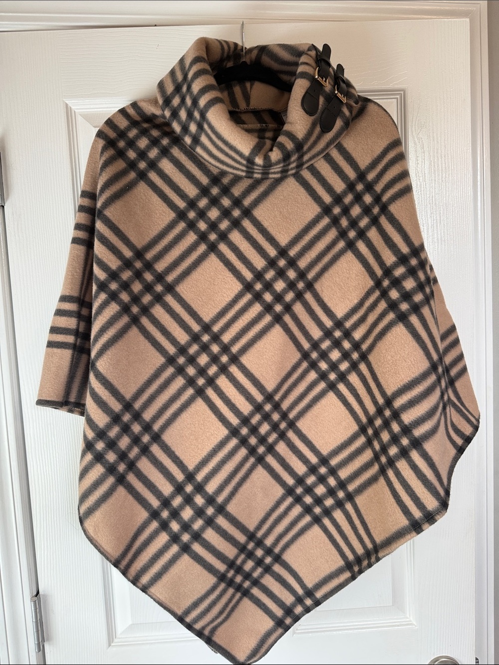 Plaid Turtleneck Poncho Sweater in Beige/Black with Buckle Detail